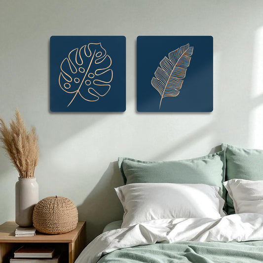 Set of 2 Hand-Carved Leaf Wall Panel (Blue)