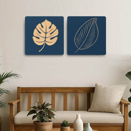 Set of 2 Blue Hand-Carved Leaf Wall Panel – Natural Elegance for Modern Homes