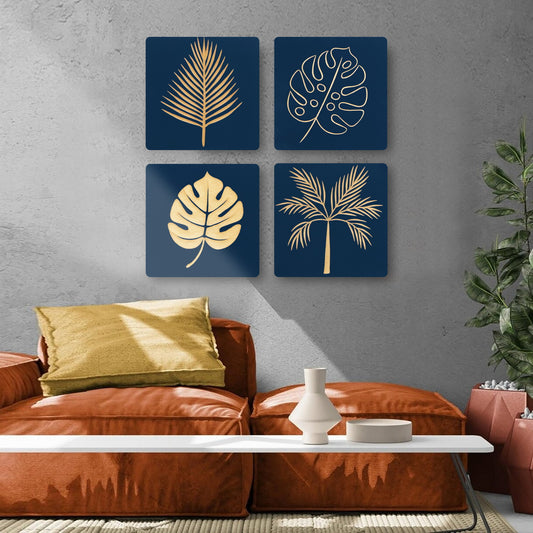 Set of 4 Blue Hand-Carved Wall Panels – Nature-Inspired Leaf Design