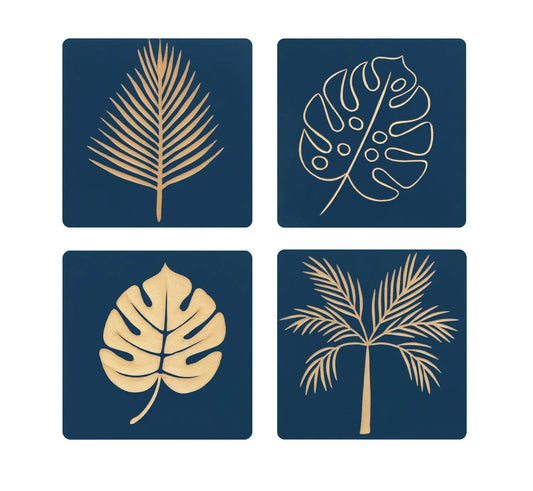 Set of 4 Blue Hand-Carved Wall Panels – Nature-Inspired Leaf Design FURNIZA