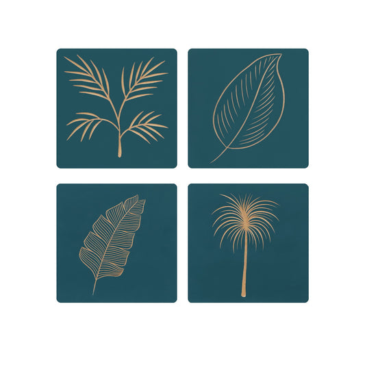 Blue Wooden Wall Art Set – 4 Hand-Carved Leaf Pattern Panels