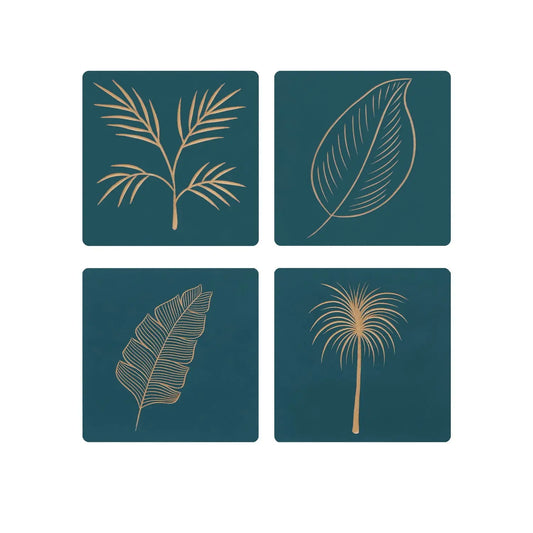 Blue Wooden Wall Art Set – 4 Hand-Carved Leaf Pattern Panels FURNIZA