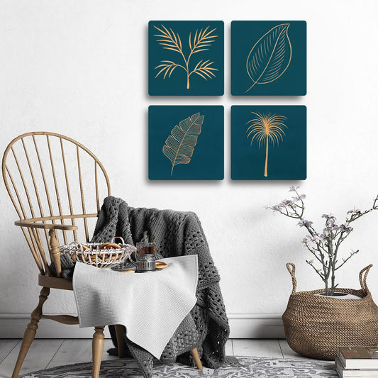 Blue Wooden Wall Art Set – 4 Hand-Carved Leaf Pattern Panels