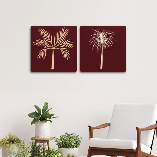 Maroon Hand-Carved Wall Panel Set – Tropical Palm Design (set of 2)