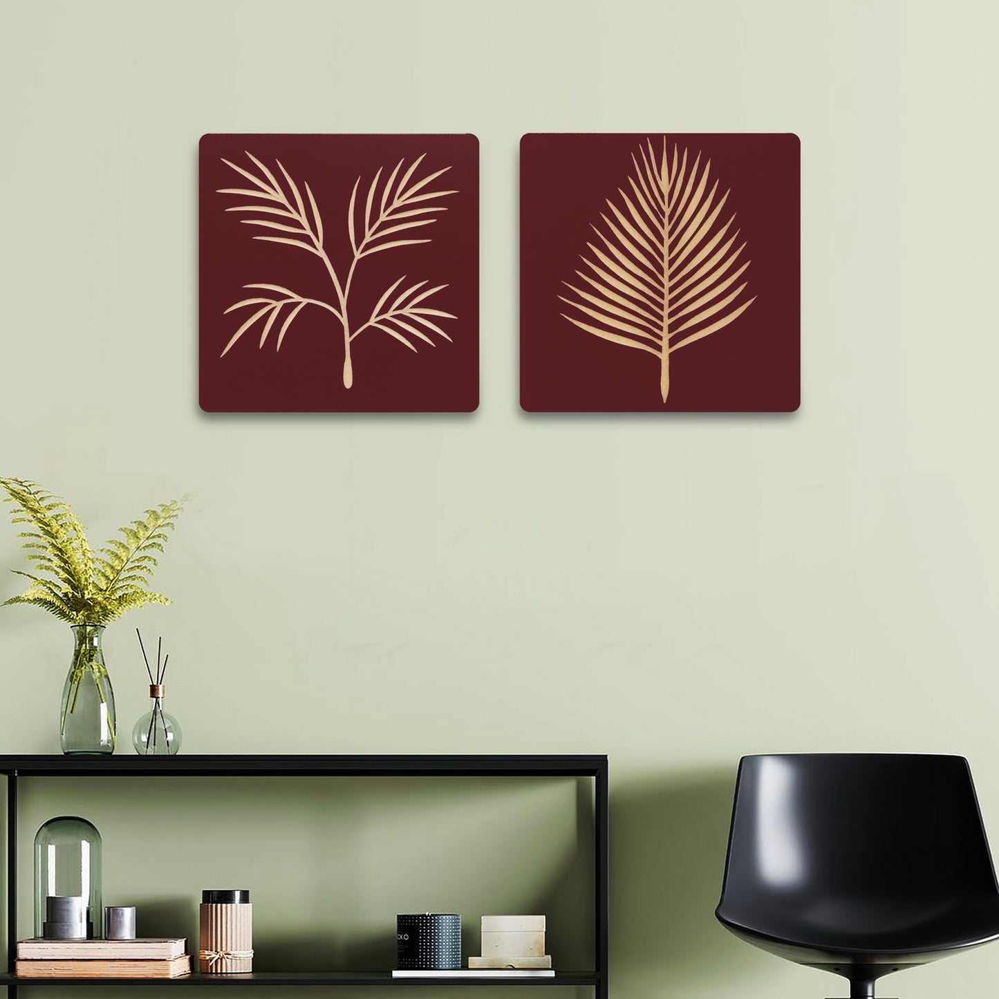 Maroon Wooden Wall Panels – Artistic Leaf Design for Home Decor (Set of 2)