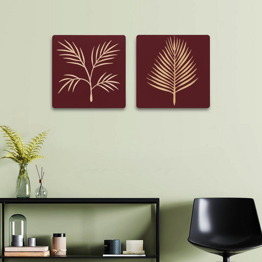 Maroon Wooden Wall Panels – Artistic Leaf Design for Home Decor (Set of 2)
