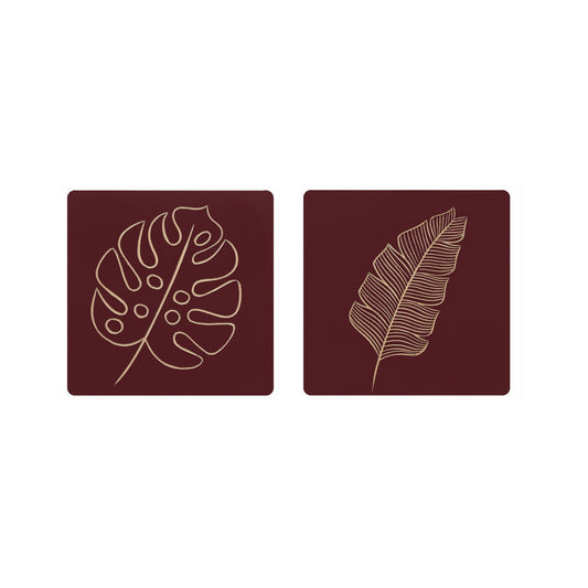 Handcrafted Leaf Wall Panel Set – Maroon Base with Natural Wood Hand-Carved