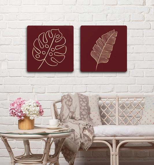 Handcrafted Leaf Wall Panel Set – Maroon Base with Natural Wood Hand-Carved