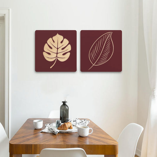 Furniza Maroon Wall Panel Set – Hand-Carved Wooden Leaf Art (Set of 2)
