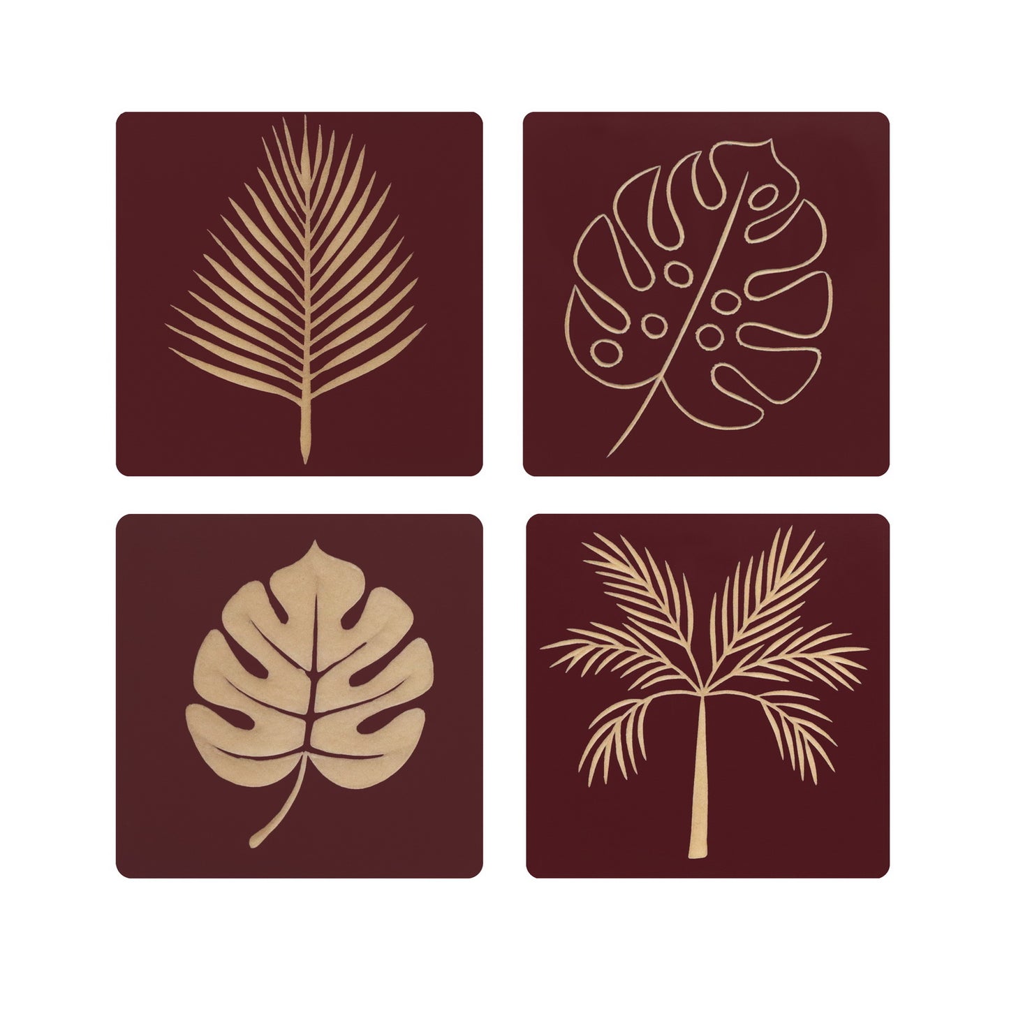 Set of 4 Hand-Carved Maroon Wall Panels – Nature-Inspired Wooden Leaf Art