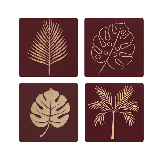 Set of 4 Hand-Carved Maroon Wall Panels – Nature-Inspired Wooden Leaf Art