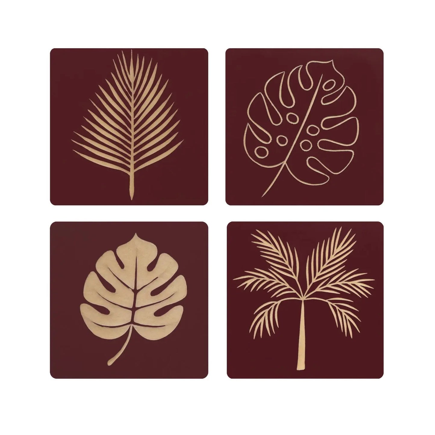 Set of 4 Hand-Carved Maroon Wall Panels – Nature-Inspired Wooden Leaf Art FURNIZA