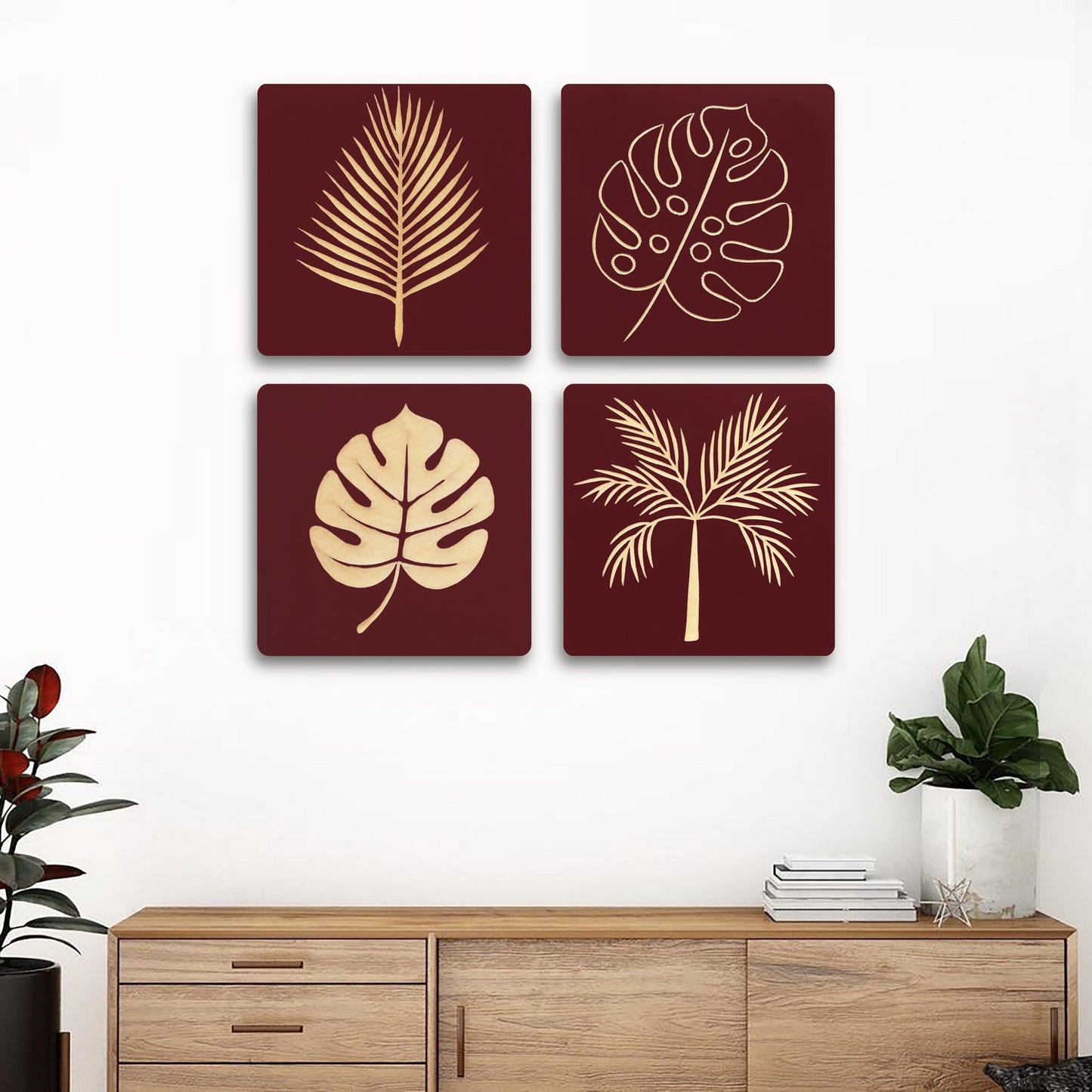 Set of 4 Hand-Carved Maroon Wall Panels – Nature-Inspired Wooden Leaf Art