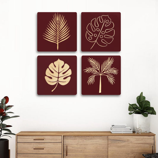 Set of 4 Hand-Carved Maroon Wall Panels – Nature-Inspired Wooden Leaf Art