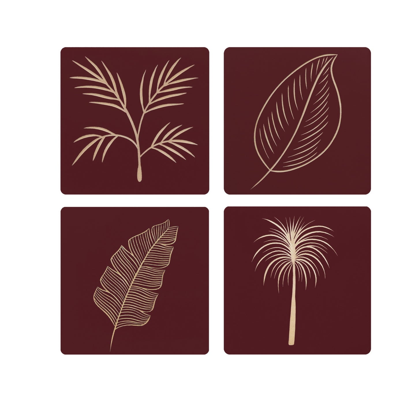 Maroon Wooden Wall Panel Set – 4 Hand-Carved Leaf Design Panels