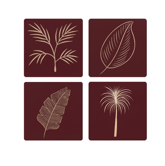 Maroon Wooden Wall Panel Set – 4 Hand-Carved Leaf Design Panels