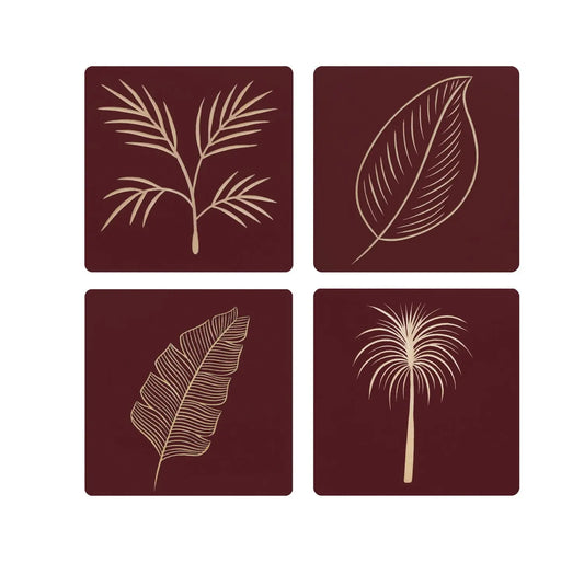 Maroon Wooden Wall Panel Set – 4 Hand-Carved Leaf Design Panels FURNIZA