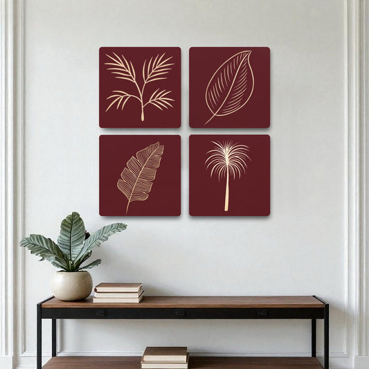 Maroon Wooden Wall Panel Set – 4 Hand-Carved Leaf Design Panels