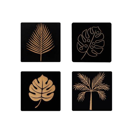 Set of 4 Hand-Carved Leaf Wall Panels – Solid Engineered Wood