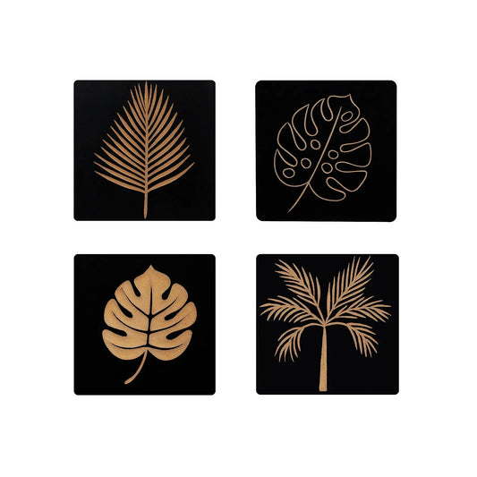 Set of 4 Hand-Carved Leaf Wall Panels – Solid Engineered Wood FURNIZA