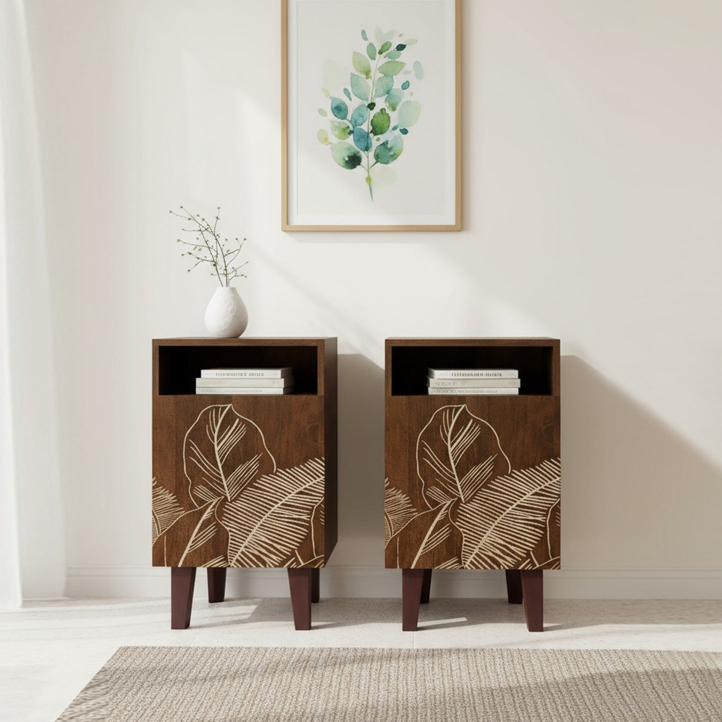 Hand-carved floral pattern Wooden Bedside Table – 1 Door Nightstand