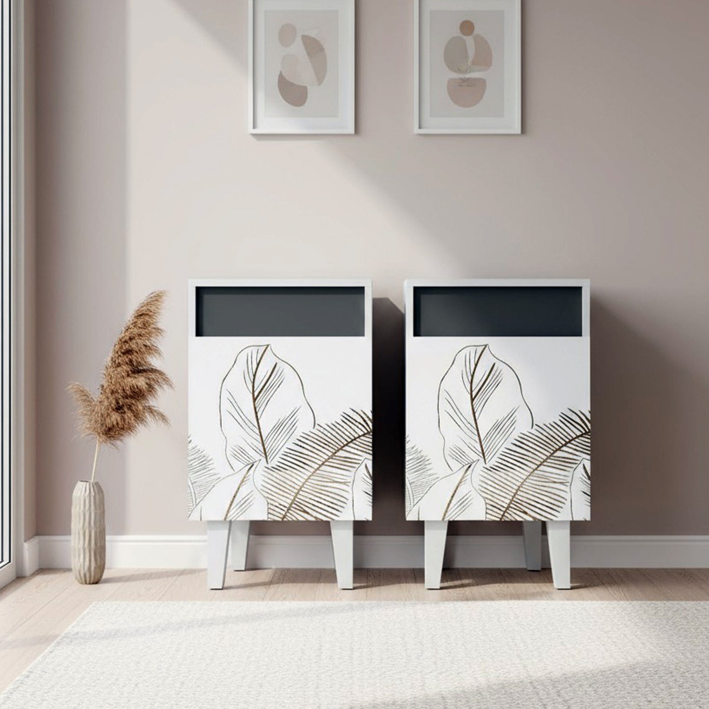 Hand-carved floral pattern Wooden Bedside Table – 1 Door Nightstand