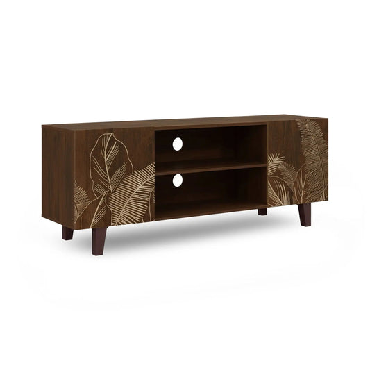Hand-Carved Leaf TV Unit in Solid Acacia Wood – Walnut Finish