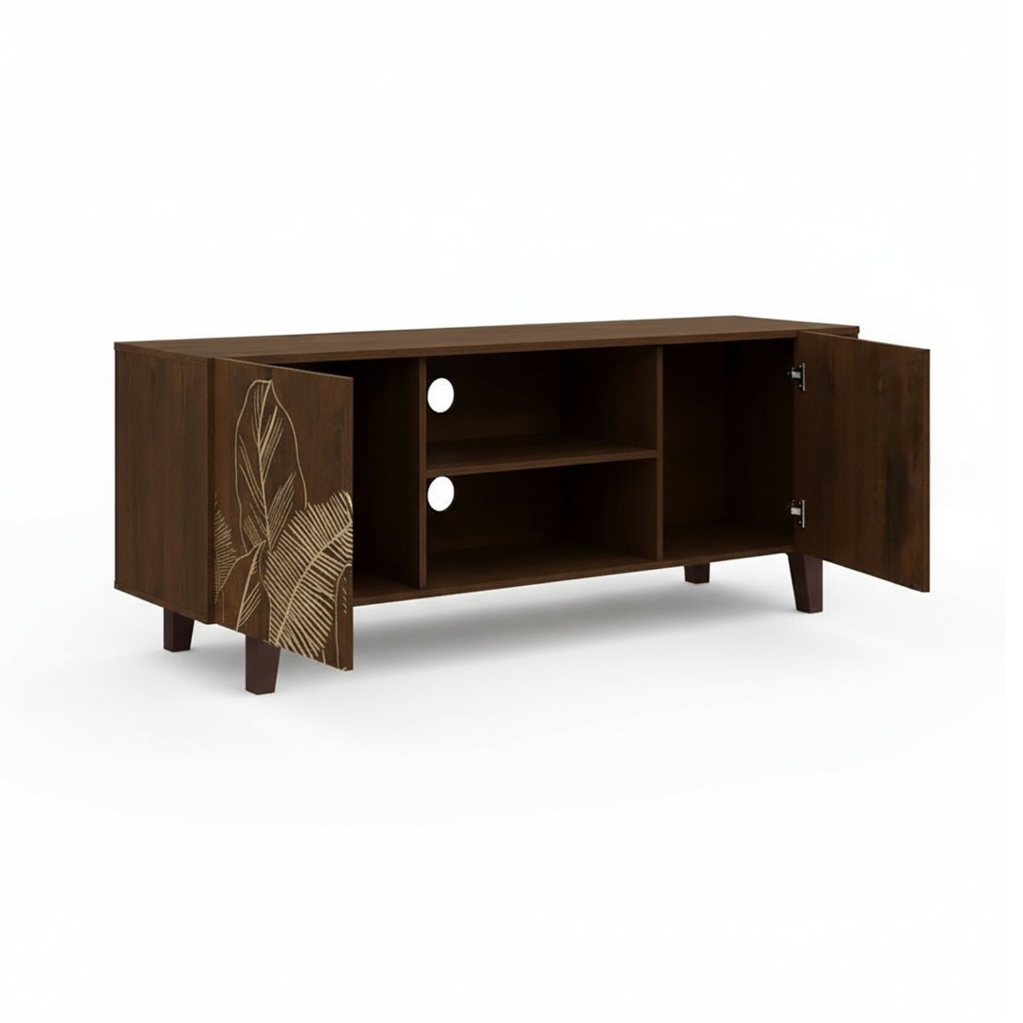 Hand-Carved Leaf TV Unit in Solid Acacia Wood – Walnut Finish
