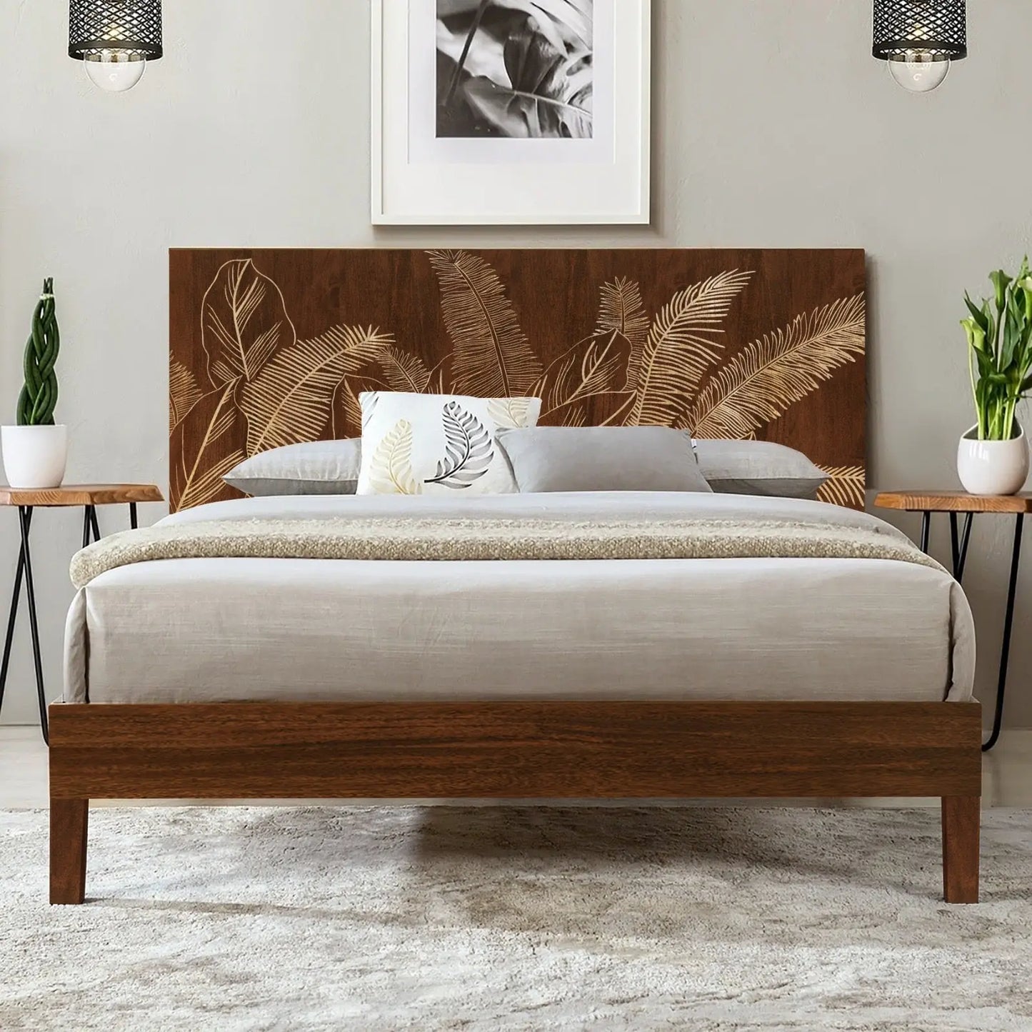 Modern King Size Bed in Rich Walnut Finish – Solid Wood Frame FURNIZA