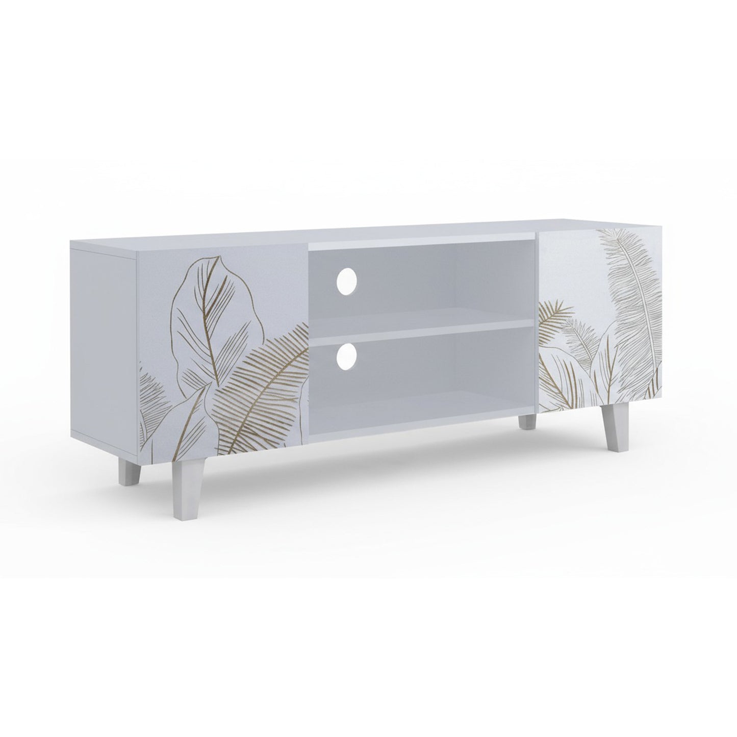 Hand-Carved Leaf TV Unit in Solid Acacia Wood – White Finish