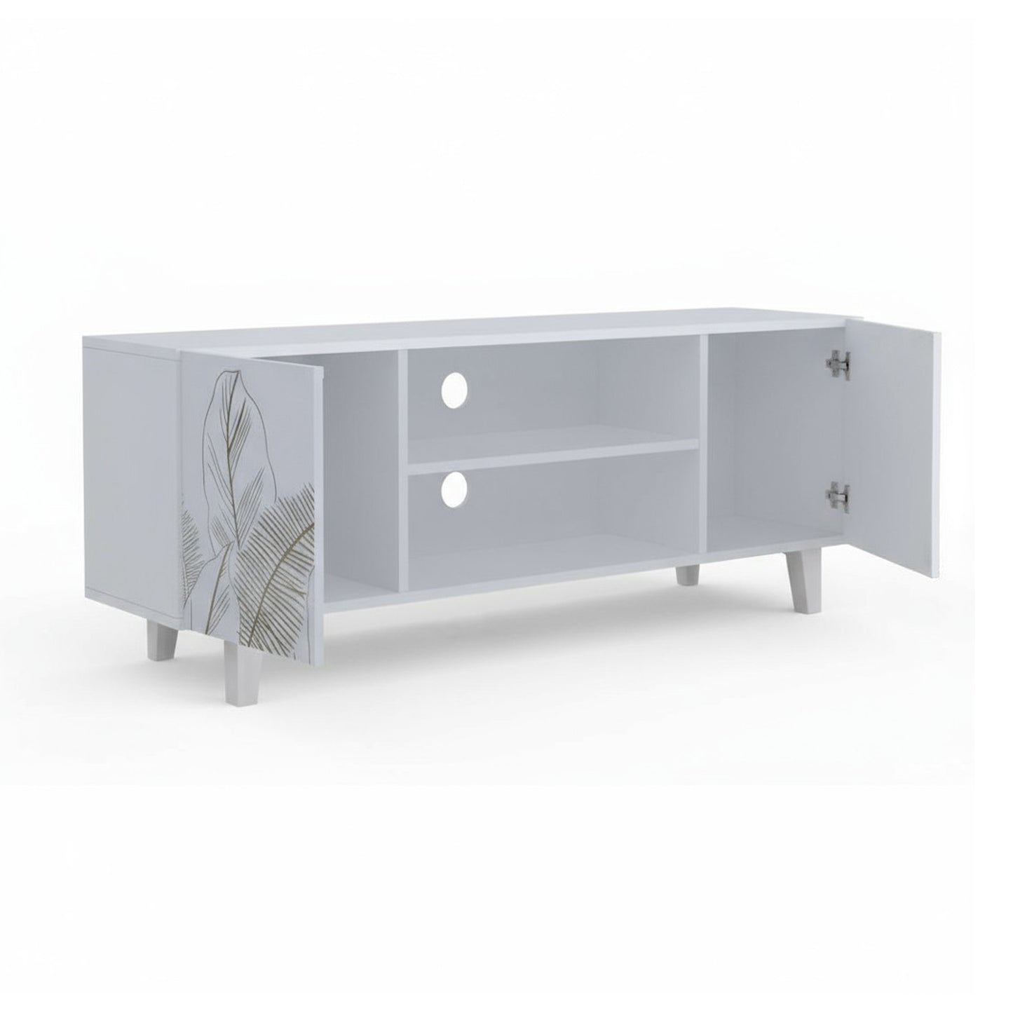 Hand-Carved Leaf TV Unit in Solid Acacia Wood – White Finish