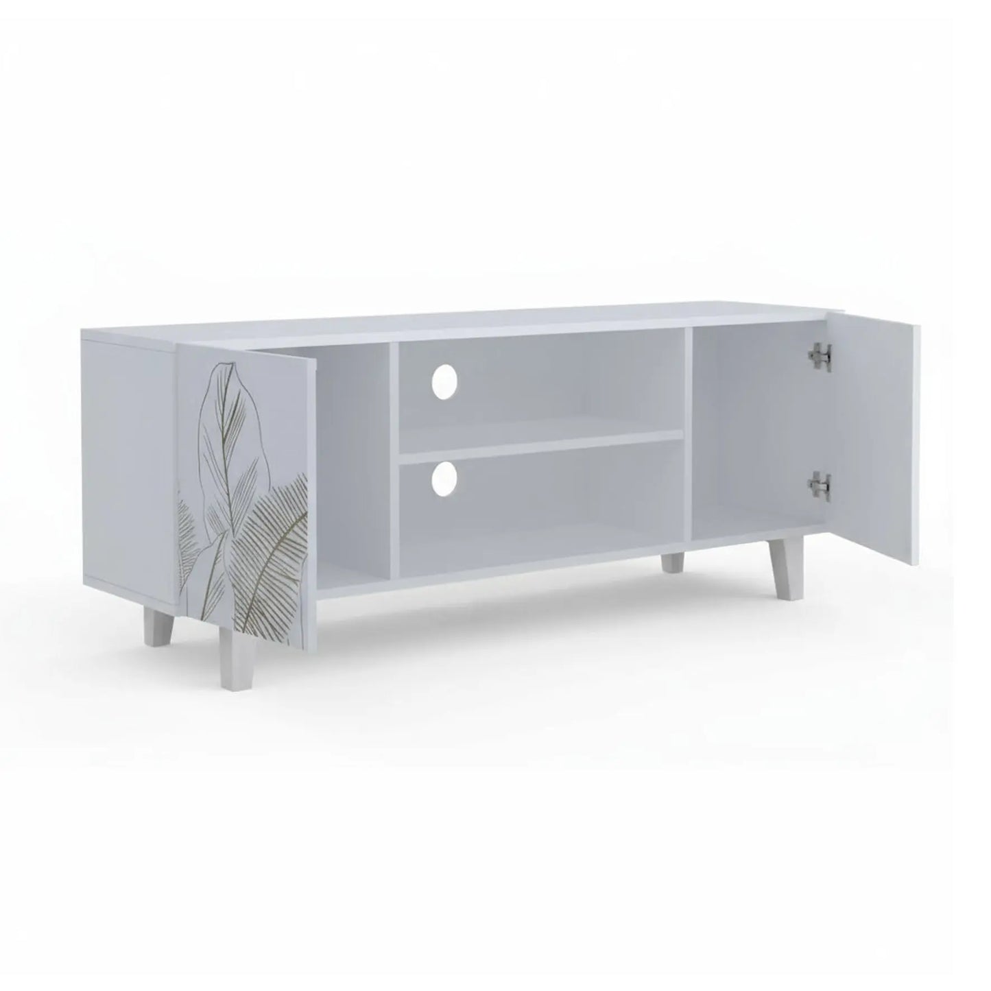 Hand-Carved Leaf TV Unit in Solid Acacia Wood – White Finish Furniza