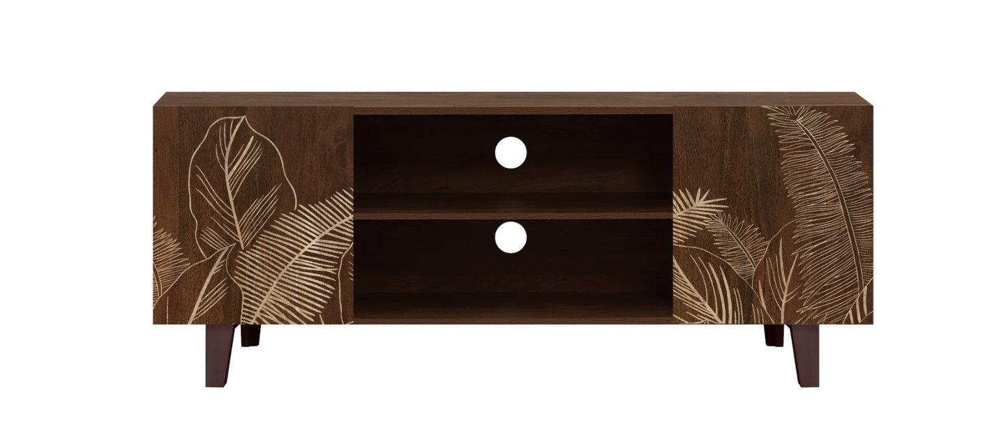 Hand-Carved Leaf TV Unit in Solid Acacia Wood – Walnut Finish