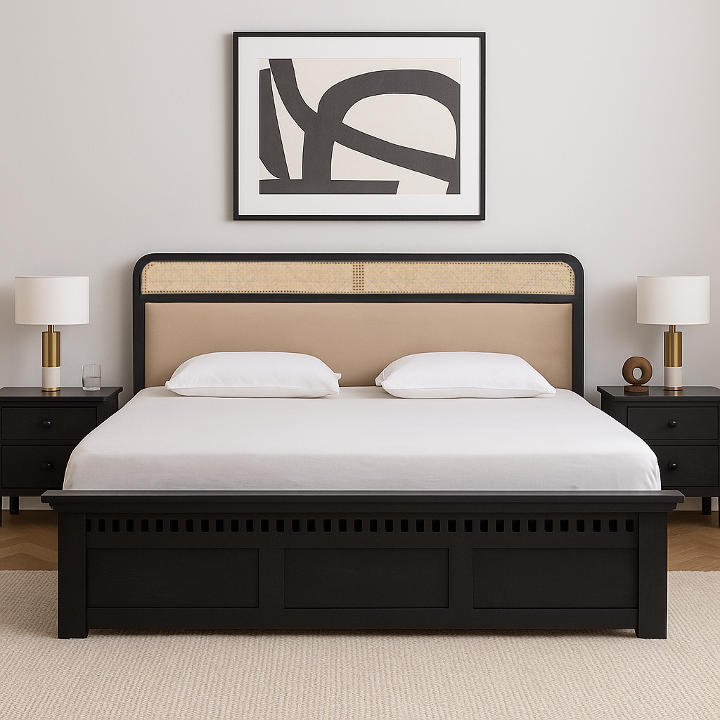 Modern King Size Bed in Black Finish with Rattan Cane & Upholstered Headboard – Sheesham Wood Frame