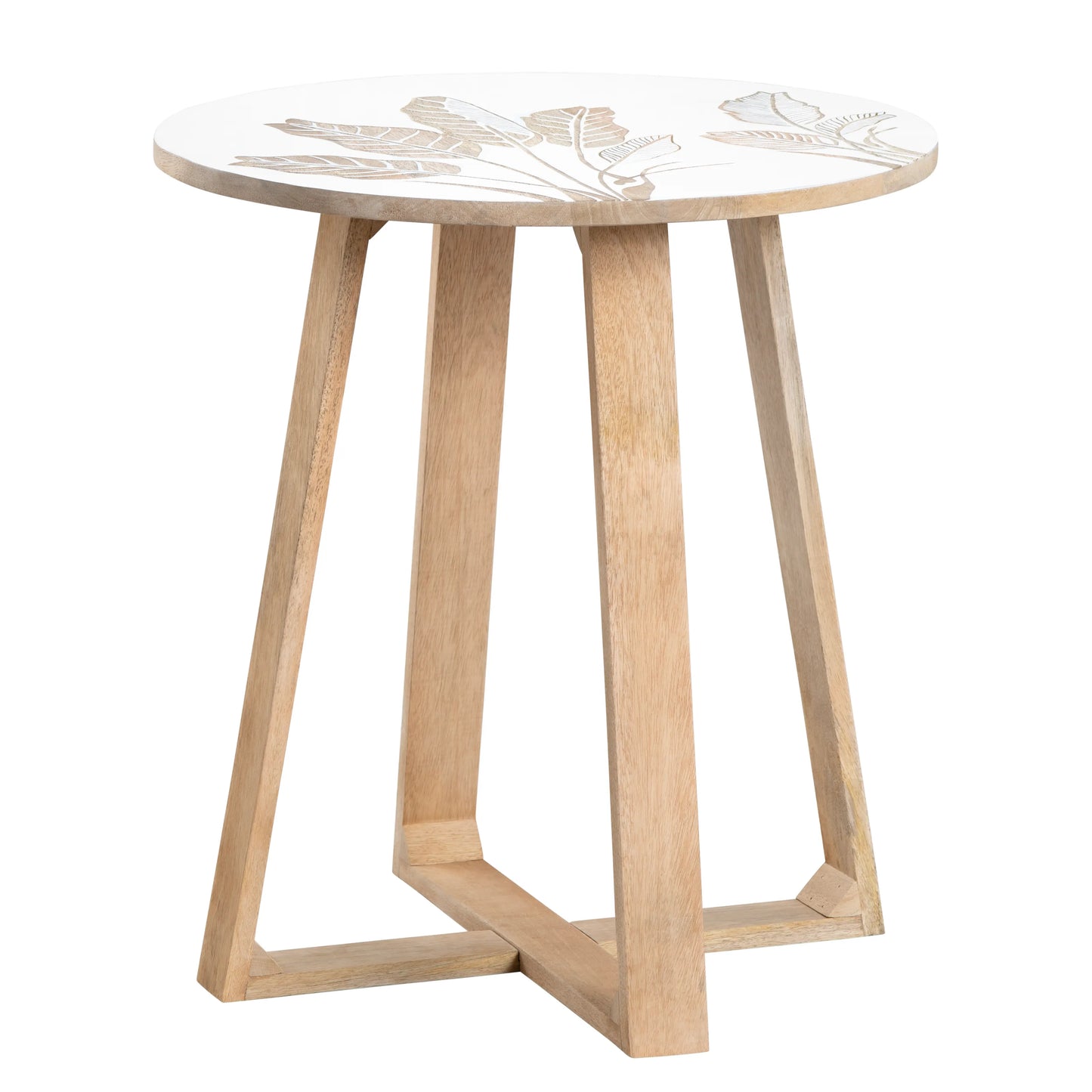 White Wooden Side Table with Hand-Carved Leaf Pattern – Modern Accent Furniture