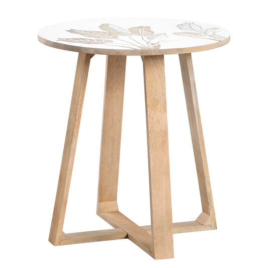 White Wooden Side Table with Hand-Carved Leaf Pattern – Modern Accent Furniture