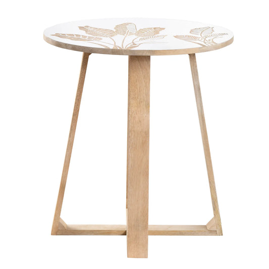 White Wooden Side Table with Hand-Carved Leaf Pattern – Modern Accent Furniture