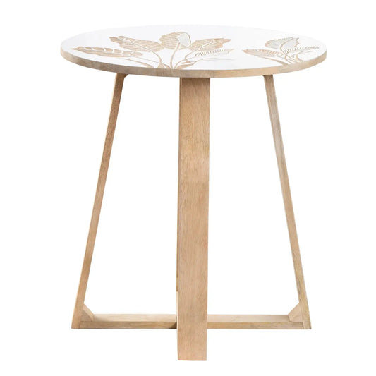 White Wooden Side Table with Hand-Carved Leaf Pattern – Modern Accent Furniture FURNIZA