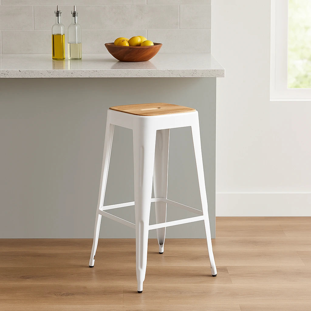 Industrial White Metal Bar Stool with Natural Wood Seat – Furniza Kitchen Counter Stool