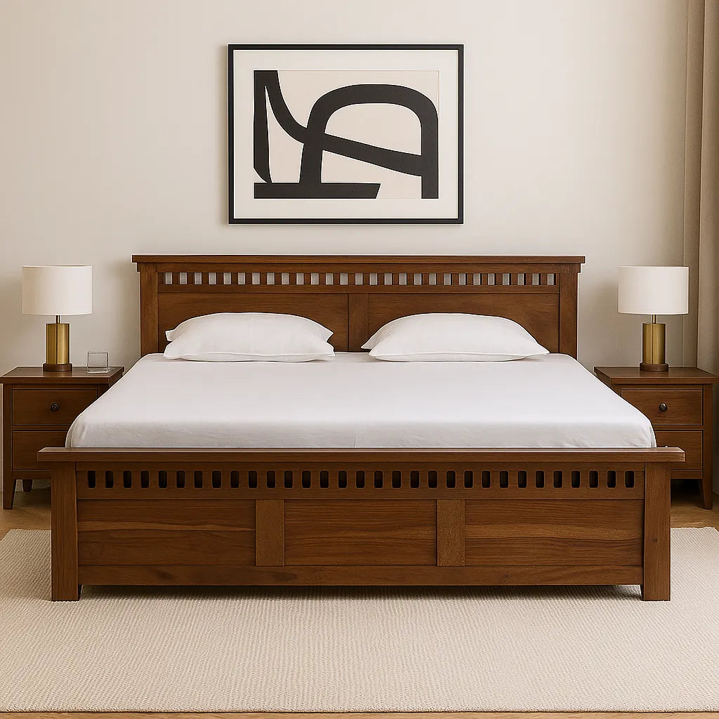 King Size Bed in Solid Sheesham Wood with Honey Finish & Cut-Out Headboard
