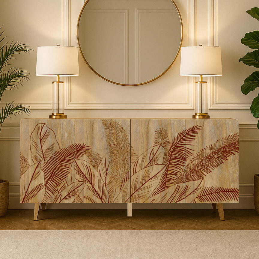 4 Door Sideboard Natural Finish | Hand-Carved Leaf | Solid Mango Wood - Furniza