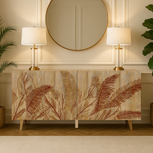 4 Door Sideboard Natural Finish | Hand-Carved Leaf | Solid Mango Wood - Furniza