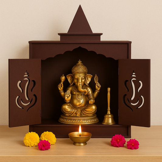 Traditional Brown MDF Wall Mount Pooja Mandir with Shikara Design & Ganesha Carved Doors – Compact Temple by Furniza