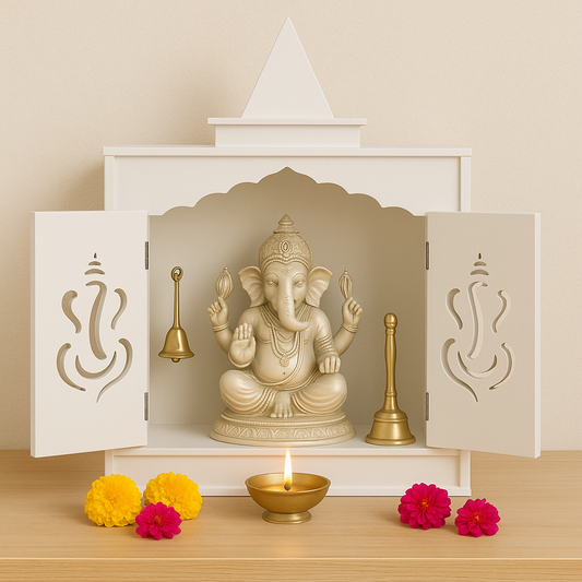 Traditional White MDF Wall Mount Pooja Mandir with Shikara Design & Ganesha Carved Doors – Compact Temple by Furniza