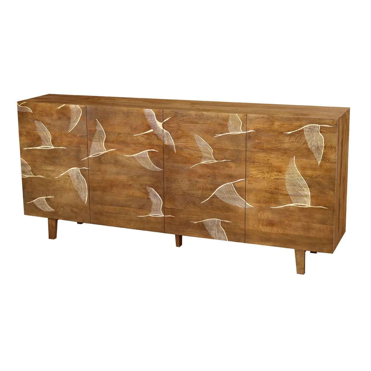 Vinda Hand Carved Mango Wood 4 Door Sideboard Walnut Finish