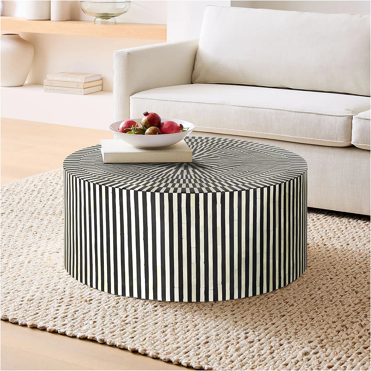 Bone Inlay Coffee Table in Black & White Finish with Hypnotic Design