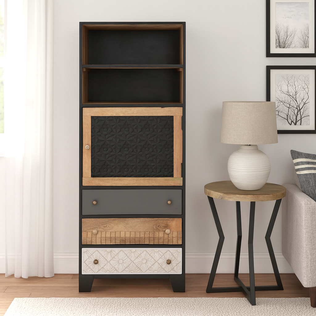 Tall wooden bookshelf with decorative patterns in a living room setting.