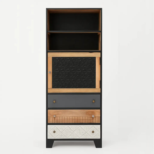 Solid Mango Wood Book shelf | Black & Natural Wooden Storage Unit with Carved Door, 3 Drawers & Open Shelves | Multi-Purpose Storage Book rack - Furniza