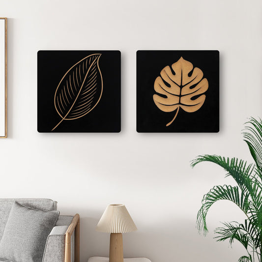 Set of 2 Hand-Carved Leaf Wall Panel