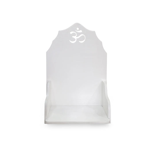 White MDF Wooden Foldable Temple with Om Carving – Compact Wall Mount Pooja Mandir FURNIZA